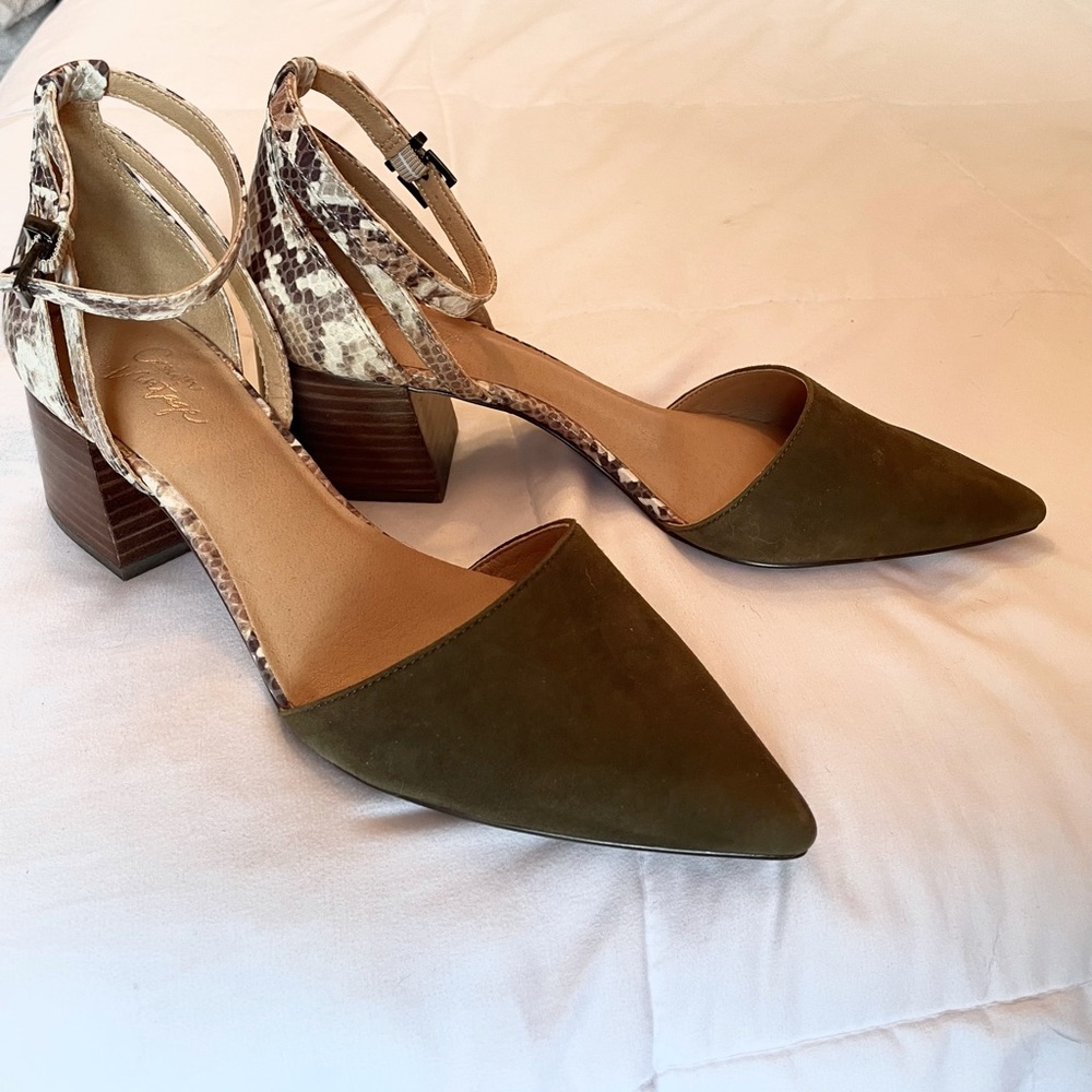 Olive, Tan + Faux Snakeskin Heels